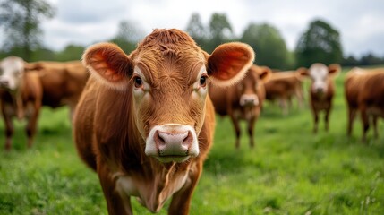 Fototapeta premium Close-up of a curious brown cow in a green pasture.
