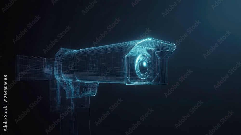 Poster polygonal security cctv camera hologram on dark background. technology and security concept. 3d rend