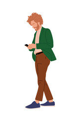 Business man using mobile phone. Handsome bearded guy holding smartphone, texting, talking, watching news. Male cartoon character Vector realistic illustration isolated on transparent background.