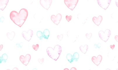 A soft watercolor pattern featuring hearts in pastel shades of pink, mint, baby blue, and lavender for a cute and playful aesthetic.