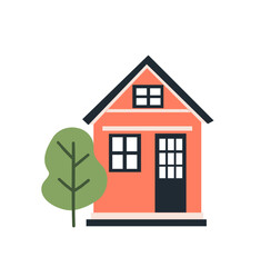 Fototapeta premium Cute tiny house, small building and tree in Scandinavian style. Trendy urban and village home with windows, door, roof. Simple vector flat illustration, icon isolated on transparent background.