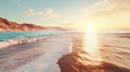 Obraz premium Tranquil Sunset Over Serene Ocean Waves and Sandy Shoreline