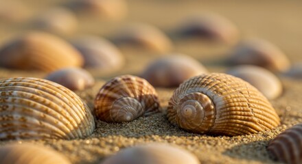 A close-up photograph of seashells on a sandy beach with warm sunlight.