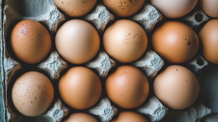 Fresh brown eggs in a carton tray, perfect for cooking or baking ingredients.