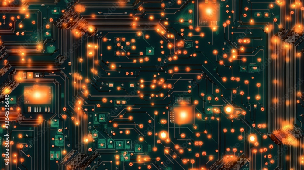 Aufkleber close-up of illuminated circuit board with microchips.