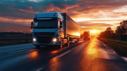 Commercial trucks driving on a wet highway during a vibrant sunset.