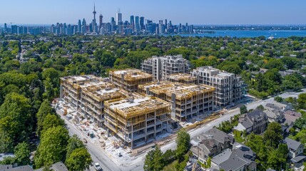 Obraz premium Aerial view of a construction site with multiple buildings in progress near a city skyline