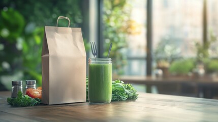 Obraz premium Healthy meal slimming diet plan daily ready menu background, organic fresh dishes and smoothie, fork knife on paper eco bag as food delivery courier service at home in office concept, close up view.