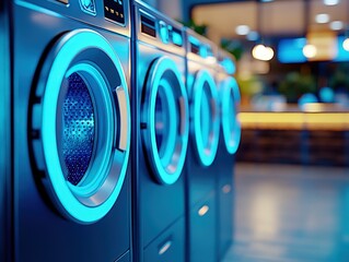 Futuristic Laundry Room: Row of Modern Washing Machines with Blue Neon Lights