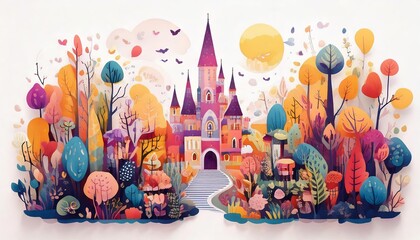 Enchanting Paper-Cut Style Illustration of a Fairytale Castle Surrounded by an Autumn Forest


