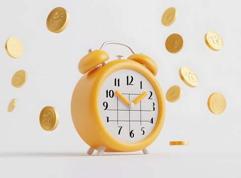 Yellow alarm clock with floating coins on white background - Powered by Adobe