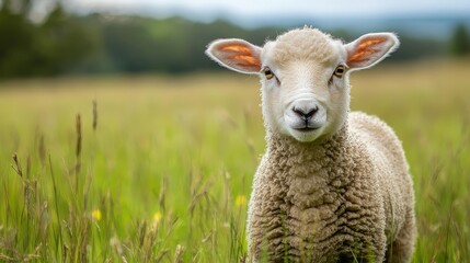 Obraz premium Lamb standing in a lush green field on a sunny spring day.