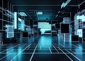 Fototapeta premium Futuristic Digital Space with Neon Grids and High-Tech Aesthetics Invoking Innovation and Creativity