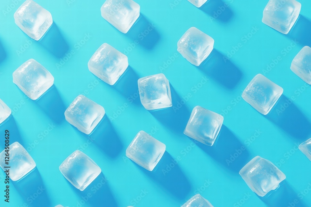 Poster clear ice cubes scattered on a vibrant blue surface creating a refreshing visual in bright lighting.