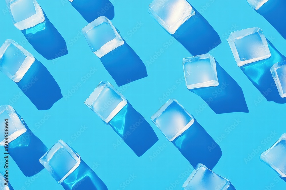 Poster ice cubes scattered on a vibrant blue background creating a refreshing summer vibe. generative ai