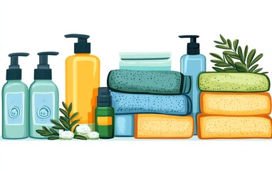 Vibrant collection of colorful toiletries and stacked towels with green plant accents, representing eco conscious living and wellness lifestyle