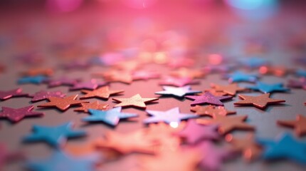 A close-up of vibrant star-shaped confetti scattered on a shiny surface