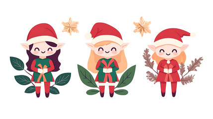 Festive Christmas Elves with Gifts and Stars Holiday Season Joyful Celebration in Cartoon Style Art