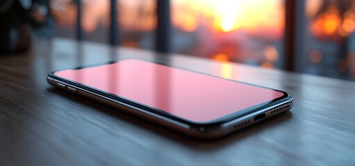 Smartphone Sunset Mockup: Modern Device on Wooden Table