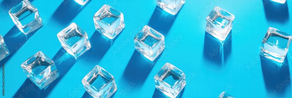 Poster clear ice cubes arranged on a bright blue surface creating interesting shadows. generative ai