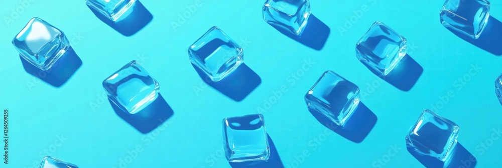 Poster ice cubes scattered on a vibrant blue surface casting shadows in natural light creating a refreshing