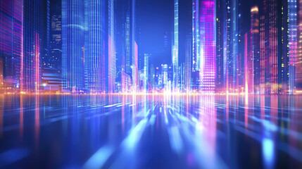 Futuristic cityscape with vibrant lights and reflections at night