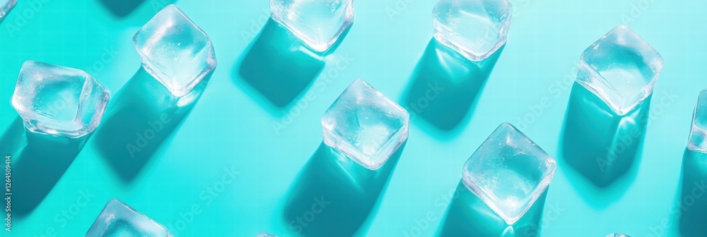 Poster crystal clear ice cubes scattered on a turquoise surface casting shadows in bright light. generative