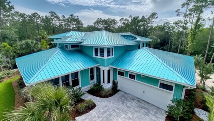 Classic Light Blue House with White Trim and Metal Roof