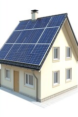 Fototapeta premium Modern house with solar panels on roof, energy efficient construction combining traditional charm and futuristic technology in a 3D realistic rendering