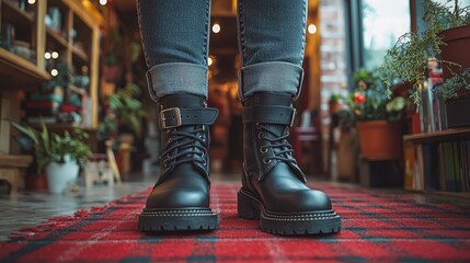 Stylish black boots worn by a person standing on a checkered rug in a cozy plant-filled room