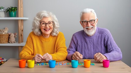 Cheerful seniors enjoying a colorful game time.