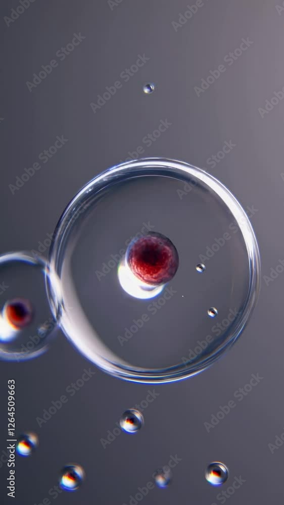 Fototapete Microscopic view of floating biological cells with translucent membranes and red nuclei