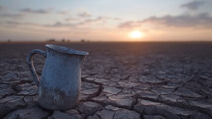 Vintage Jug on Cracked Dry Earth at Sunset in Arid Landscape