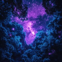 Fototapeta premium Starry Night Sky Through Tree Canopy with Cosmic Colors and Light