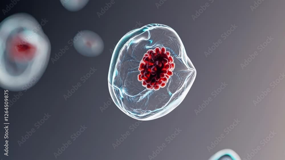 Leinwandbilder microscopic view of floating biological cells with translucent membranes and red nuclei