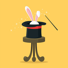 Magician's hat on a stool with rabbit ears. Focus. Moment of magic. Abracadabra.