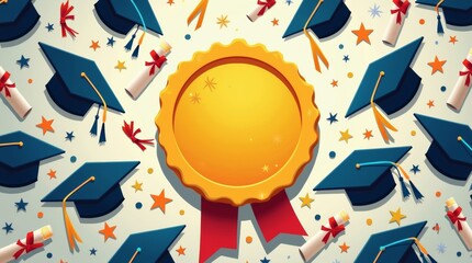 gold medal surrounded by graduation caps and diplomas, emphasizing the celebration of academic success in a vibrant and joyful scene