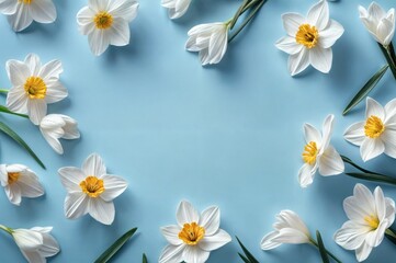 Obraz premium Blue background with empty space in the center and spring flower illustrations emerging