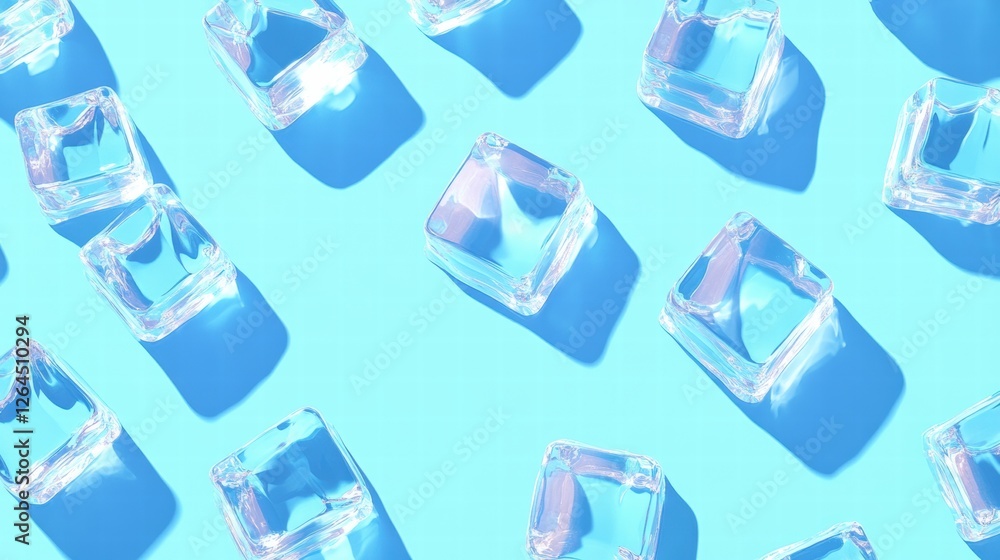 Poster ice cubes scattered on a bright blue surface creating a cool visual contrast in a simple arrangement