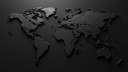 3D World Map White Relief on Black Background: A 3D world map with white relief details on a black background, showcasing global geography and design.