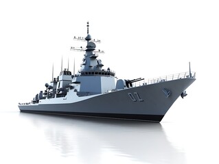 Modern Warship at Sea: A powerful and sleek modern destroyer dominates the scene, its imposing figure reflecting in the calm water, a symbol of naval strength and maritime defense.