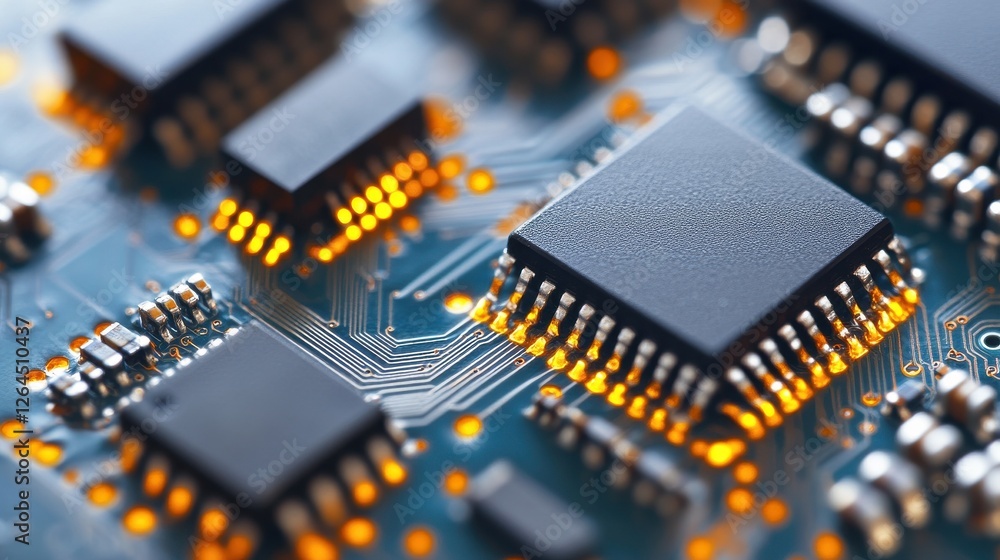 Poster close-up of illuminated circuit board with microchips.