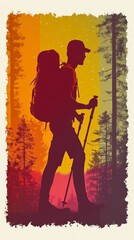 Silhouette of hiker with trekking poles in vibrant sunset forest scene, symbolizing exploration, resilience, and the spirit of adventure in a dynamic artistic composition