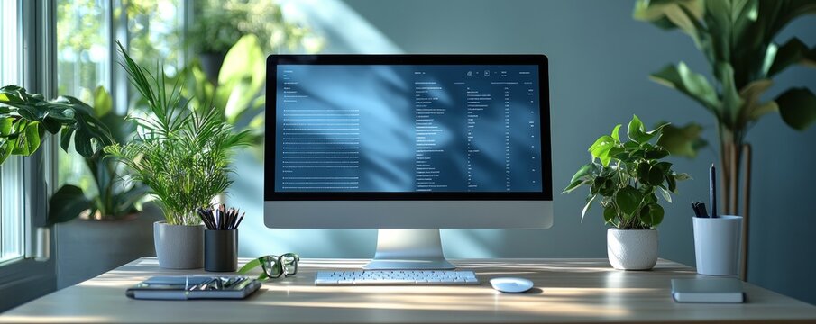 E-learning course material for remote training accessed on a desktop in a bright home office environment