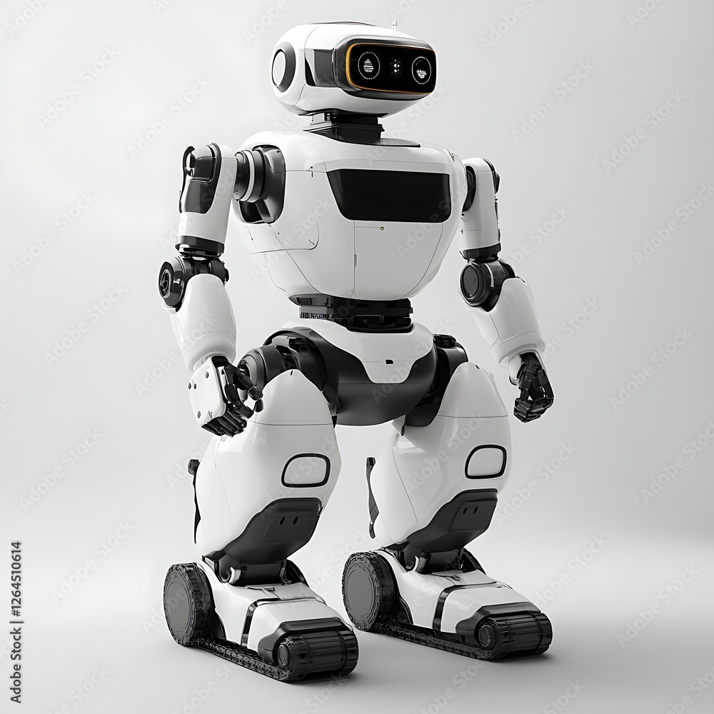 Poster futuristic robot design: a sleek, white and black robot with a modern design stands against a light 