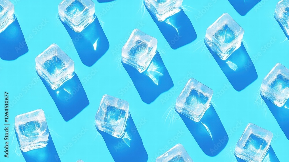 Poster clear ice cubes arranged on a vibrant blue surface creating a refreshing visual effect during bright