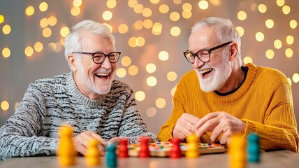 Joyful seniors enjoying board game together.
