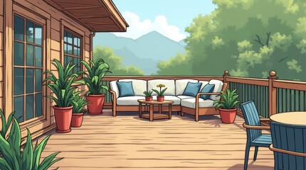 Fototapeta premium wooden deck adorned with potted plants and outdoor furniture