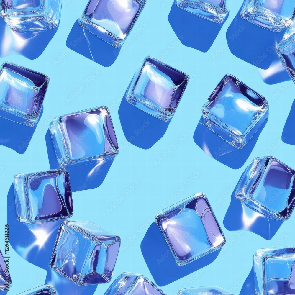 Aufkleber cool glass ice cubes scattered on a bright blue surface creating playful reflections and shadows dur