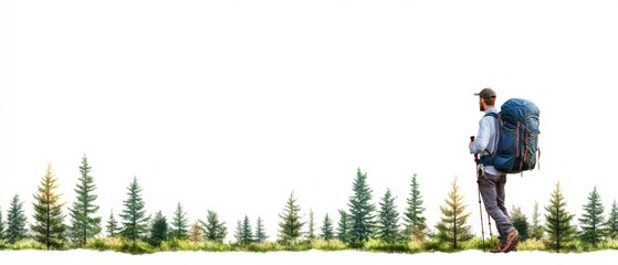 Lone hiker walking through pine forest with towering trees and distant mountains under a glowing sky, evoking exploration and tranquility